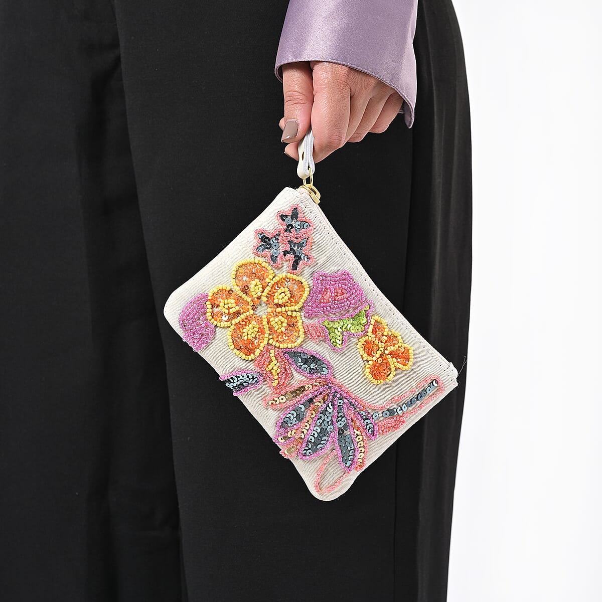 White Genuine Leather Floral Pattern Embellishment Pouch with Top Zip Closure image number 1