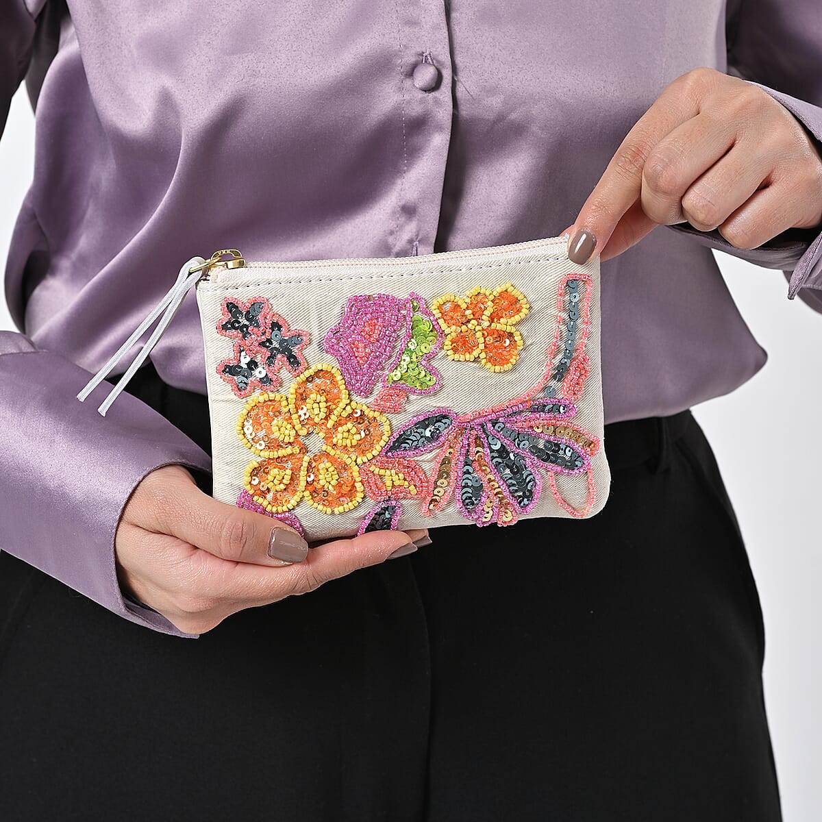 White Genuine Leather Floral Pattern Embellishment Pouch with Top Zip Closure image number 2