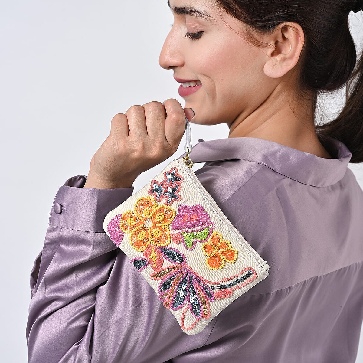 White Genuine Leather Floral Pattern Embellishment Pouch with Top Zip Closure image number 3