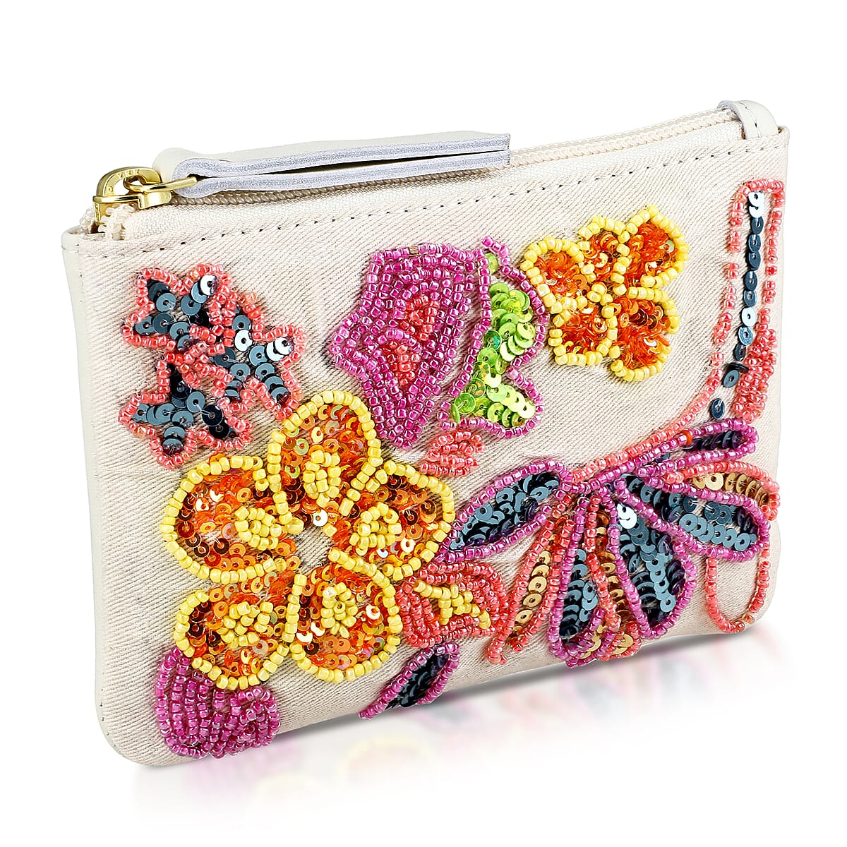 White Genuine Leather Floral Pattern Embellishment Pouch with Top Zip Closure image number 4