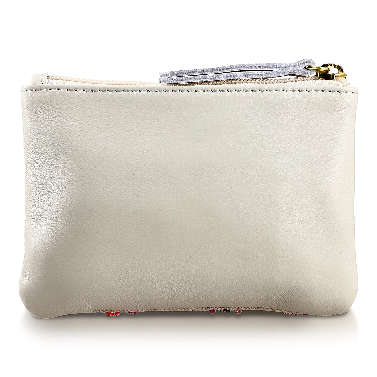 White Genuine Leather Floral Pattern Embellishment Pouch with Top Zip Closure image number 5