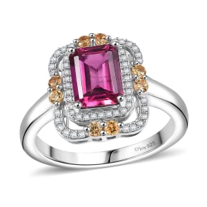 Luxuriant Bixbite (LG) and Multi Gemstone 1.90 ctw Twilight Blossom Ring in Rhodium Over Sterling Silver (Size 10.0)