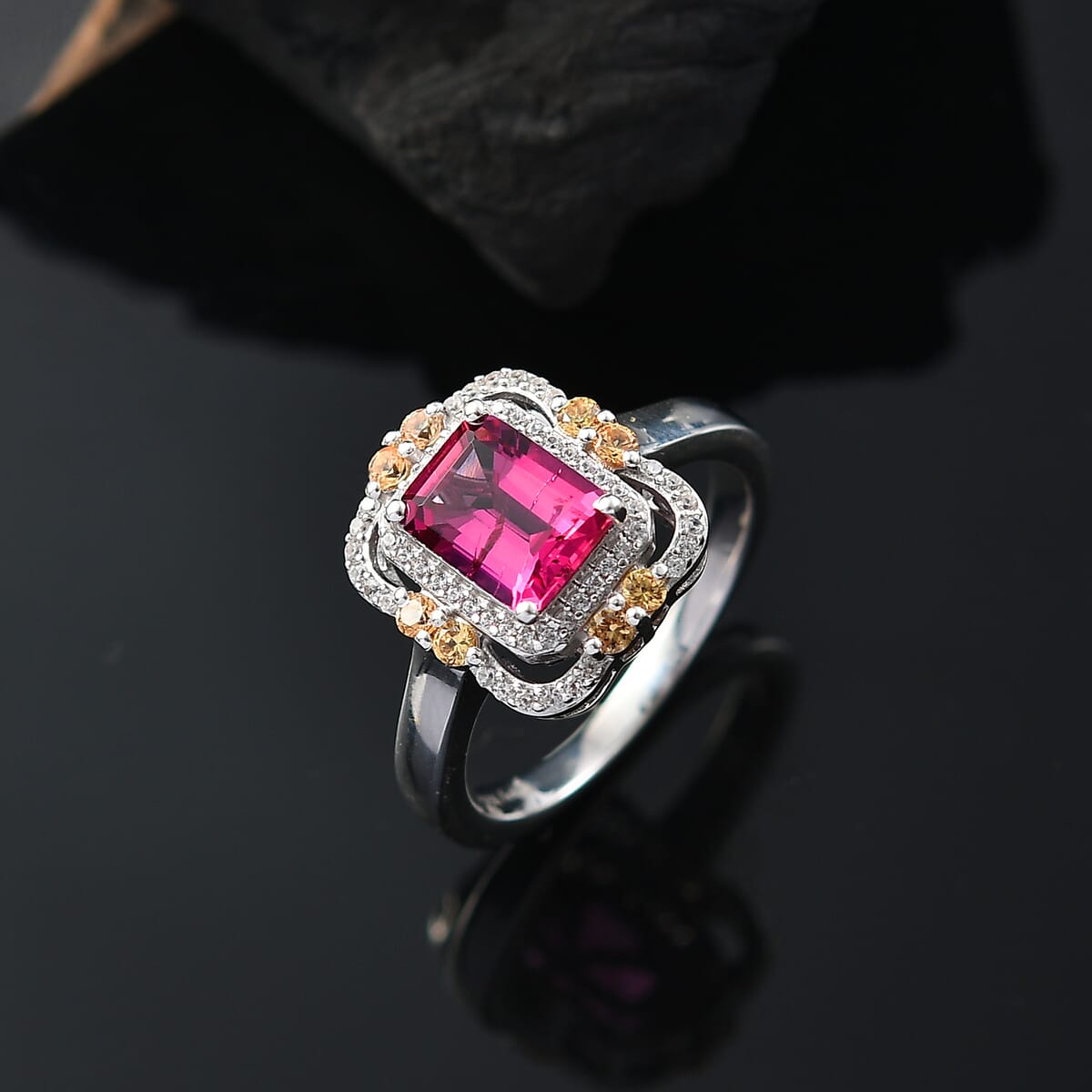 Luxuriant Bixbite (LG) and Multi Gemstone 1.90 ctw Twilight Blossom Ring in Rhodium Over Sterling Silver (Size 8.0) image number 1