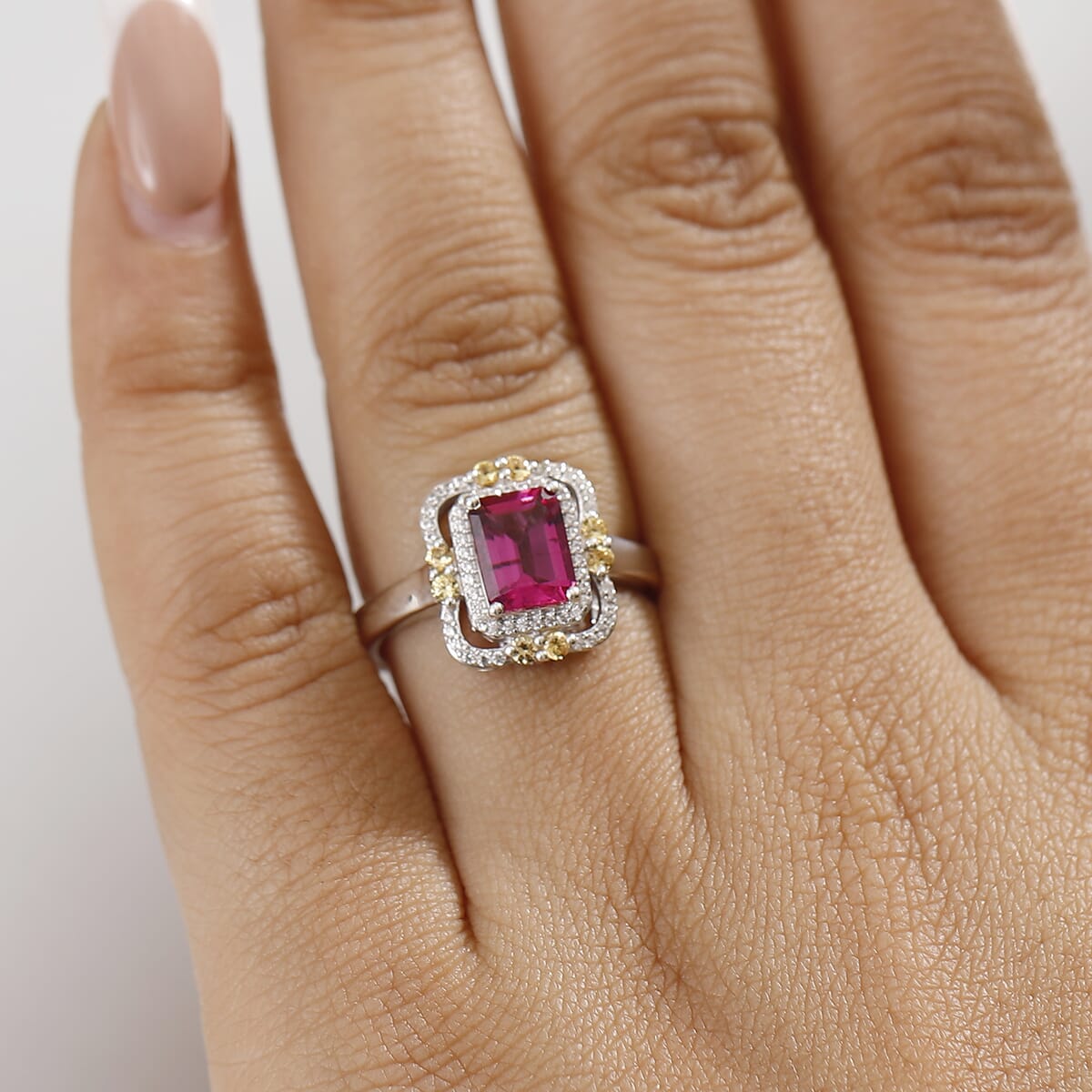 Luxuriant Bixbite (LG) and Multi Gemstone 1.90 ctw Twilight Blossom Ring in Rhodium Over Sterling Silver (Size 8.0) image number 2