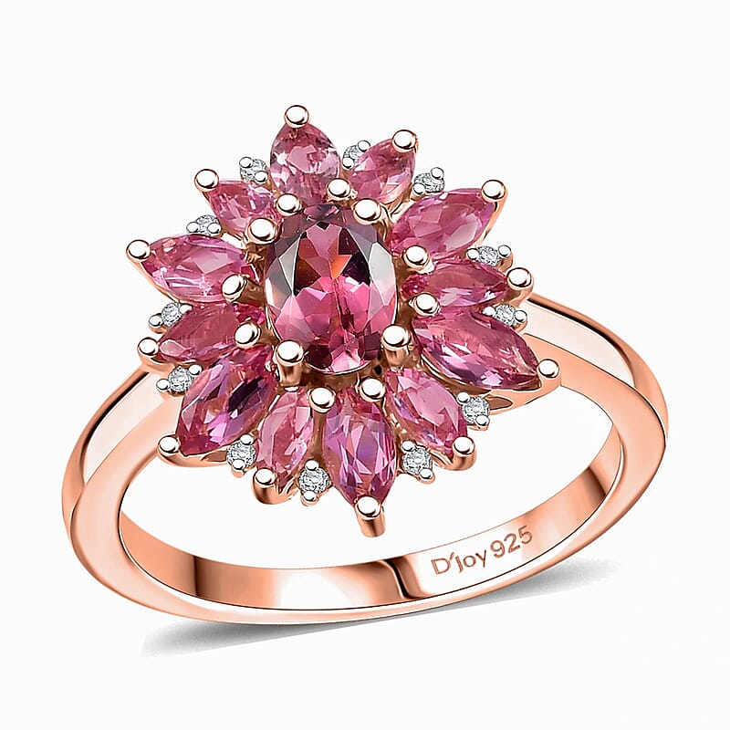 D'Joy AAA Natural Calabar Pink Tourmaline and White Zircon 2.00 ctw Floral Ring in 18K Vermeil Rose Gold Over Sterling Silver (Size 10.0)