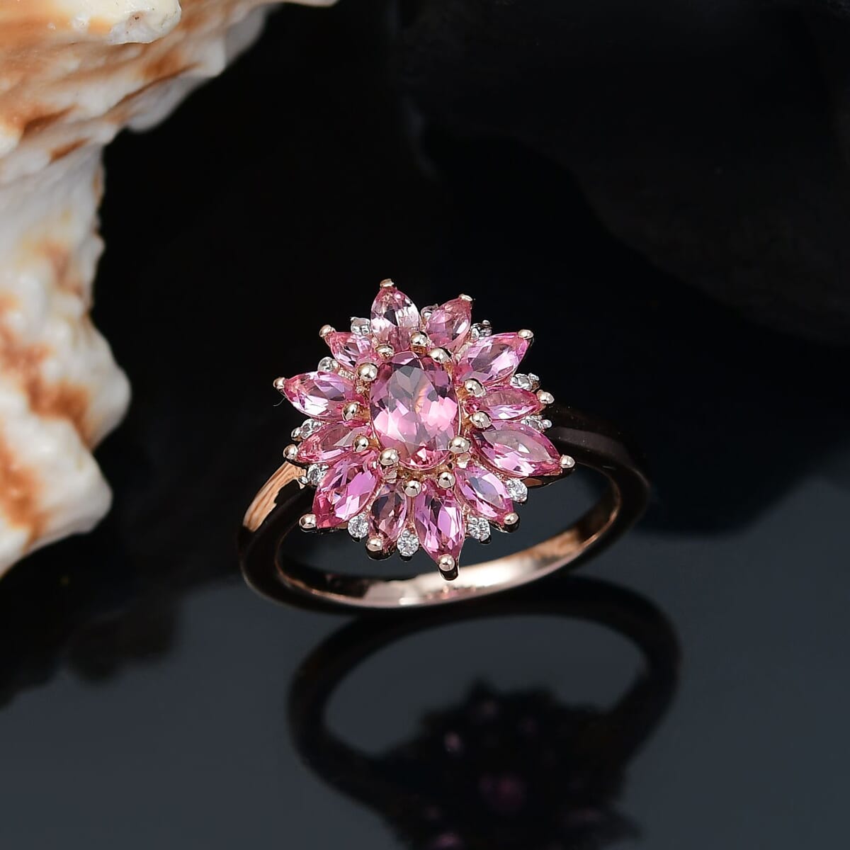 D'Joy AAA Natural Calabar Pink Tourmaline and White Zircon 2.00 ctw Floral Ring in 18K Vermeil Rose Gold Over Sterling Silver (Size 7.0) image number 1