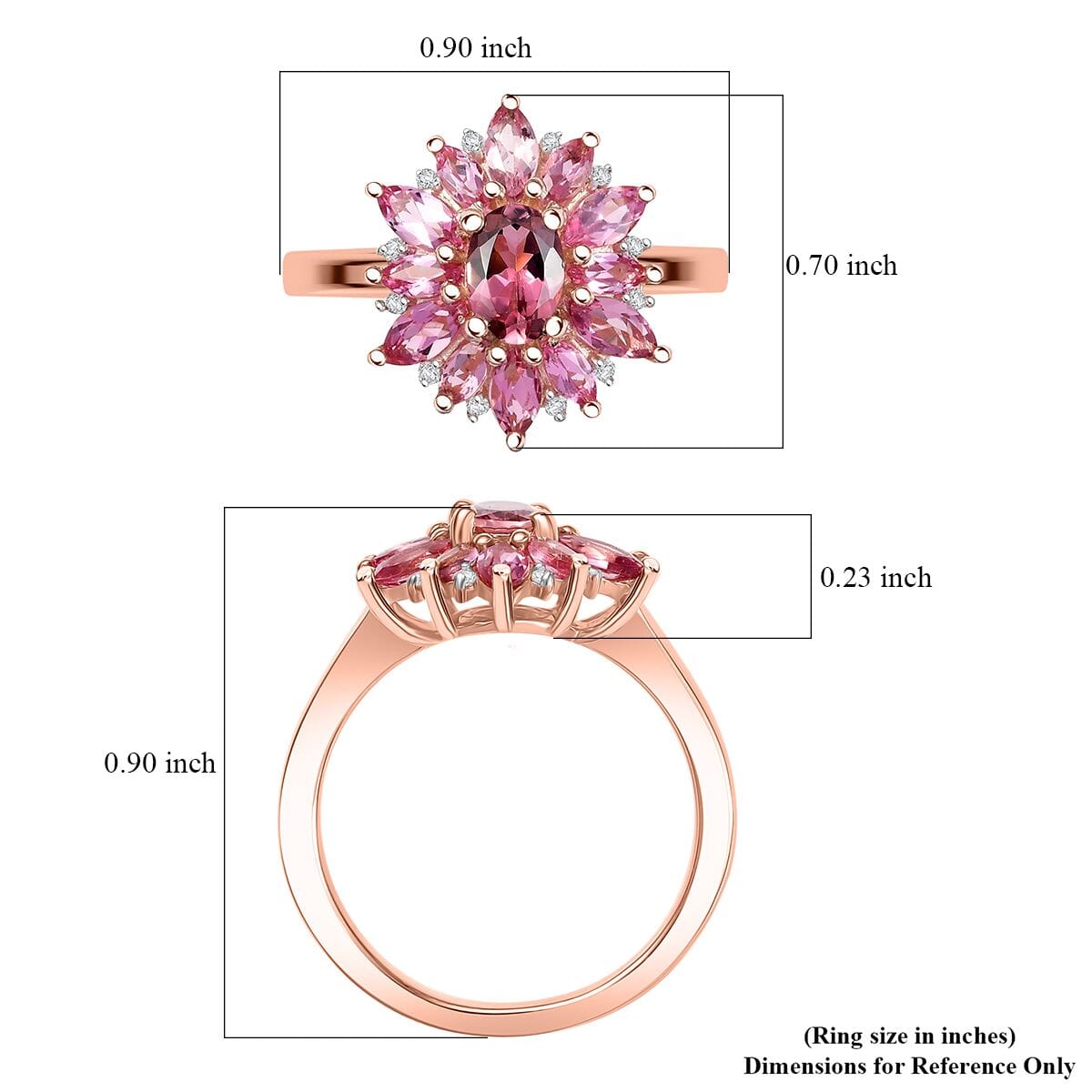 D'Joy AAA Natural Calabar Pink Tourmaline and White Zircon 2.00 ctw Floral Ring in 18K Vermeil Rose Gold Over Sterling Silver (Size 7.0) image number 5