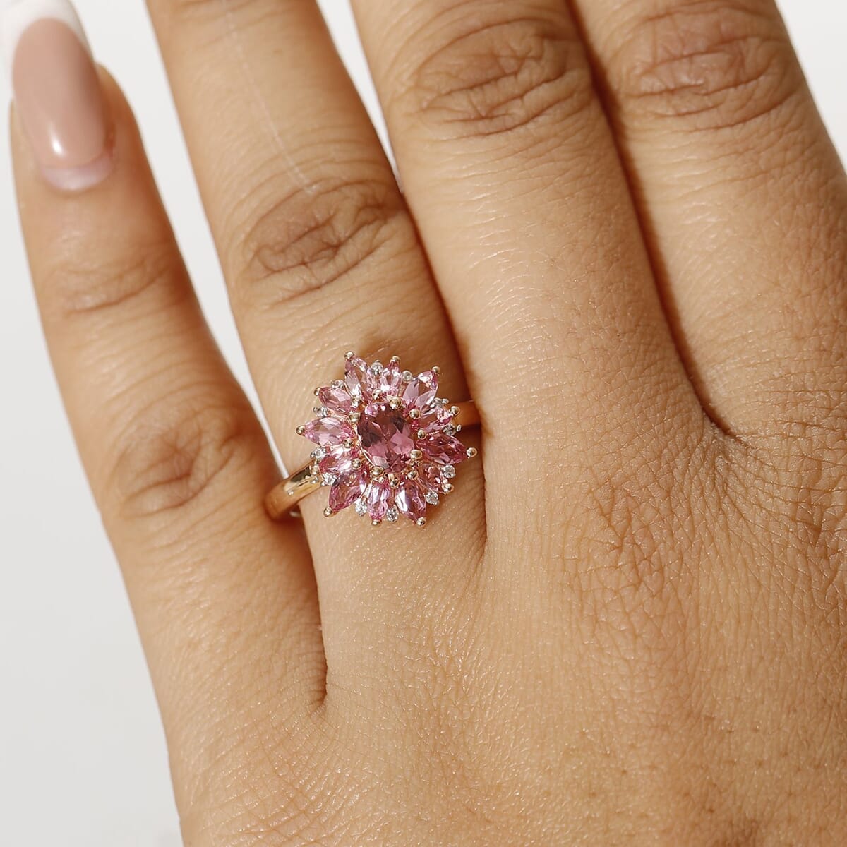 D'Joy AAA Natural Calabar Pink Tourmaline and White Zircon 2.00 ctw Floral Ring in 18K Vermeil Rose Gold Over Sterling Silver (Size 9.0) image number 2