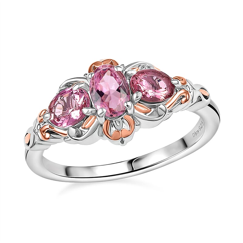 D'Joy Premium Natural Calabar Pink Tourmaline 1.15 ctw Ring in 18K Vermeil RG and Rhodium Over Sterling Silver (Size 10.0)