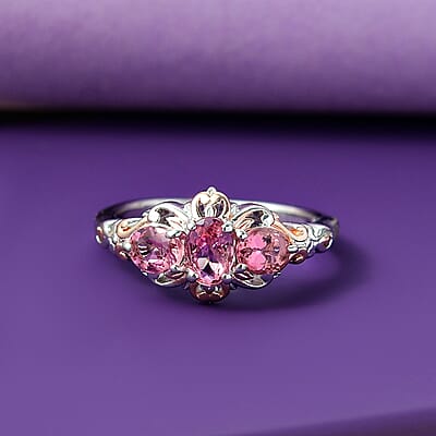 D'Joy Premium Natural Calabar Pink Tourmaline 1.15 ctw Ring in 18K Vermeil RG and Rhodium Over Sterling Silver (Size 10.0)