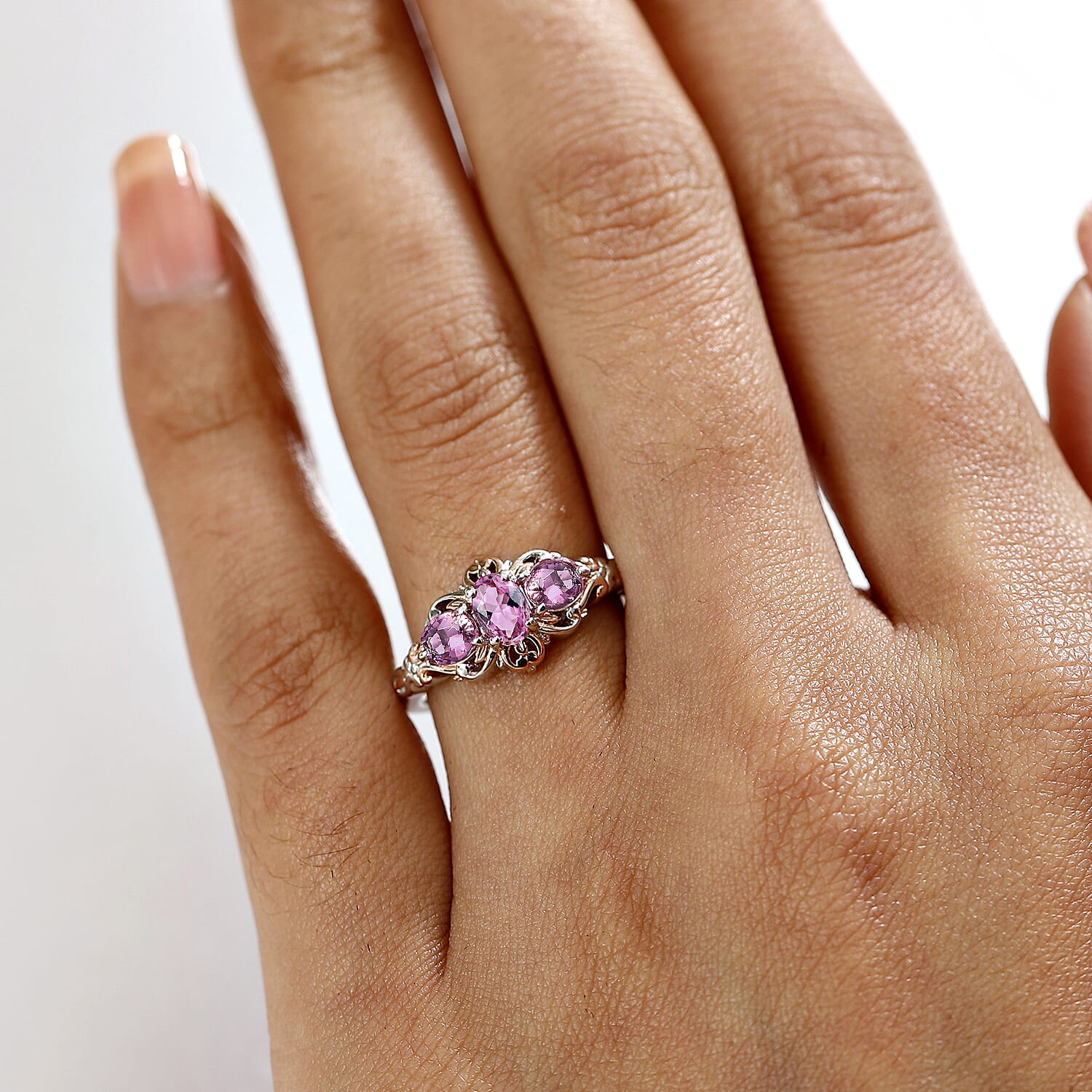 D'Joy Premium Natural Calabar Pink Tourmaline 1.15 ctw Ring in 18K Vermeil RG and Rhodium Over Sterling Silver (Size 10.0)