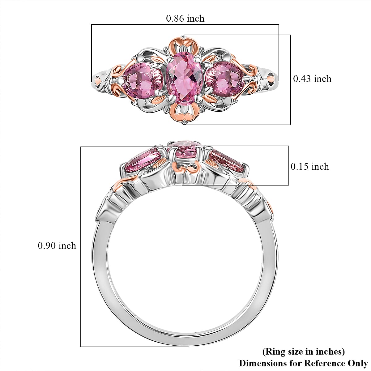 D'Joy Premium Natural Calabar Pink Tourmaline 1.15 ctw Ring in 18K Vermeil RG and Rhodium Over Sterling Silver (Size 10.0)