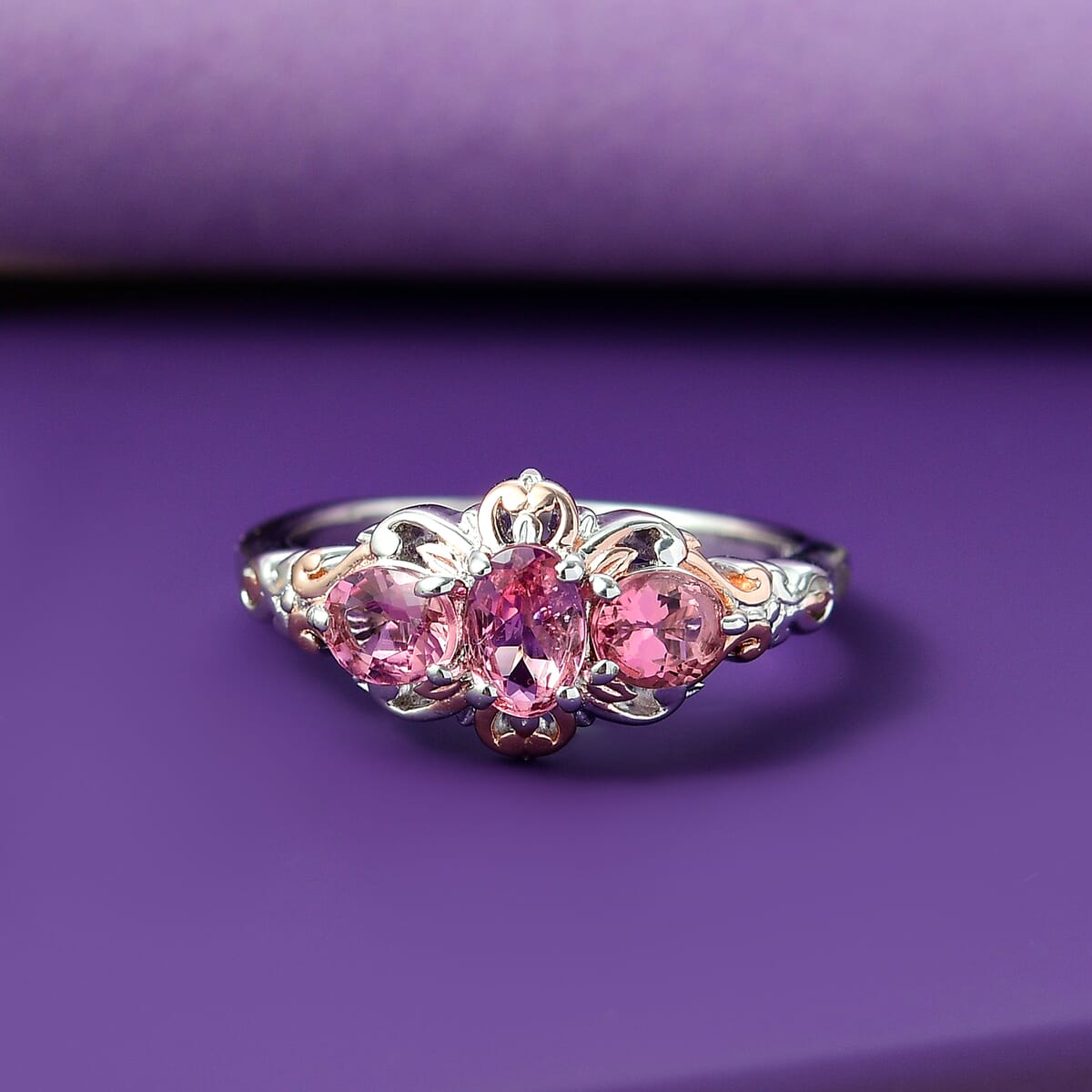 D'Joy Premium Natural Calabar Pink Tourmaline 1.15 ctw Ring in 18K Vermeil RG and Rhodium Over Sterling Silver (Size 5.0) image number 1