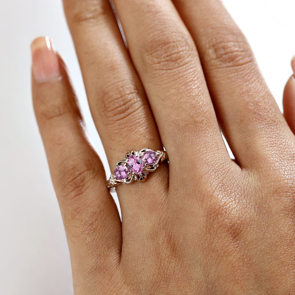 D'Joy Premium Natural Calabar Pink Tourmaline 1.15 ctw Ring in 18K Vermeil RG and Rhodium Over Sterling Silver (Size 5.0) image number 2