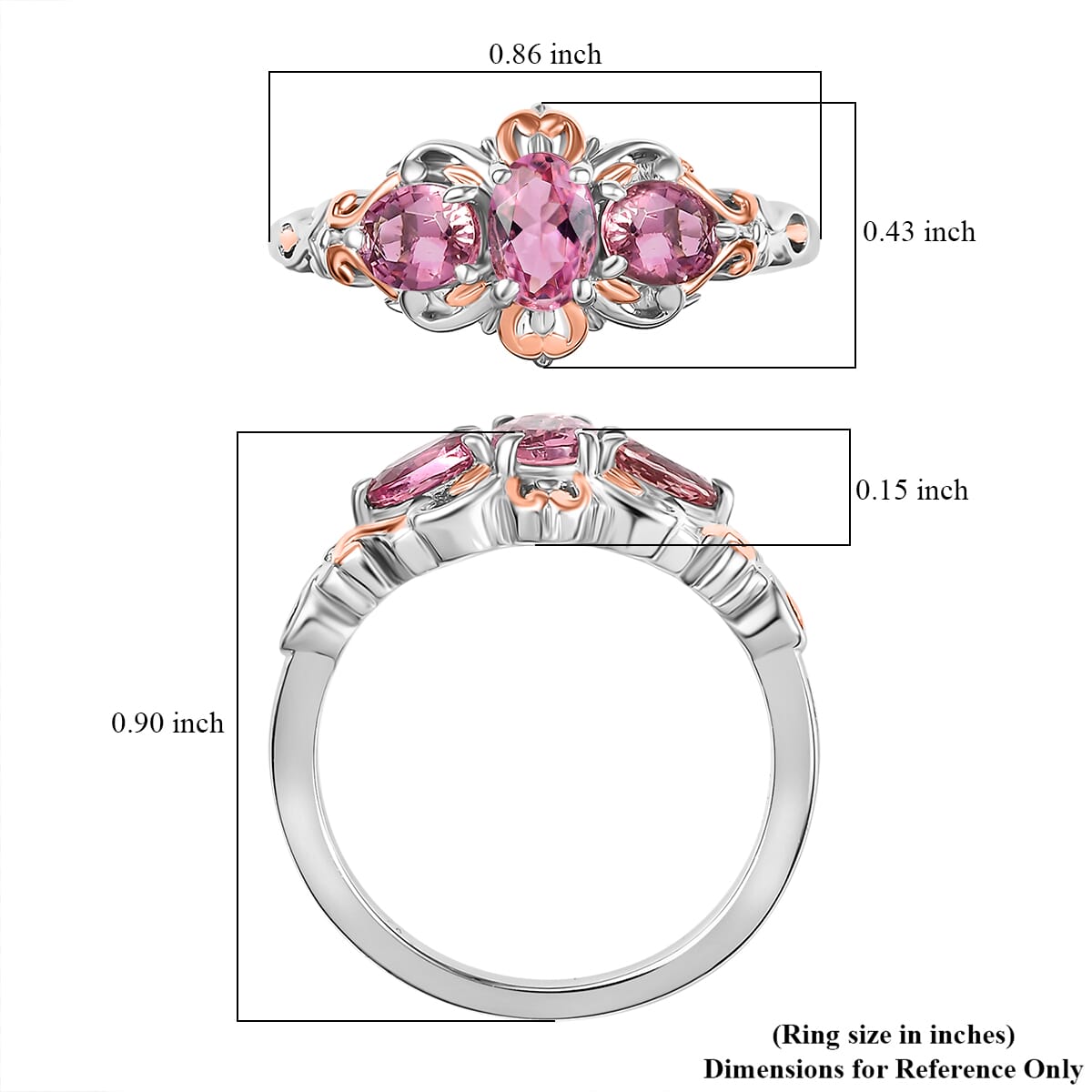 D'Joy Premium Natural Calabar Pink Tourmaline 1.15 ctw Ring in 18K Vermeil RG and Rhodium Over Sterling Silver (Size 5.0) image number 5