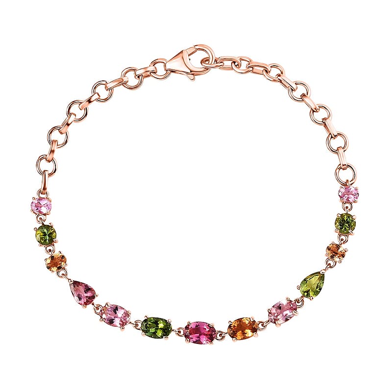 D'Joy AAA Multi Color Calabar Tourmaline 4.60 ctw Link Bracelet in 18K Vermeil Rose Gold Over Sterling Silver (6.50-8.0In)
