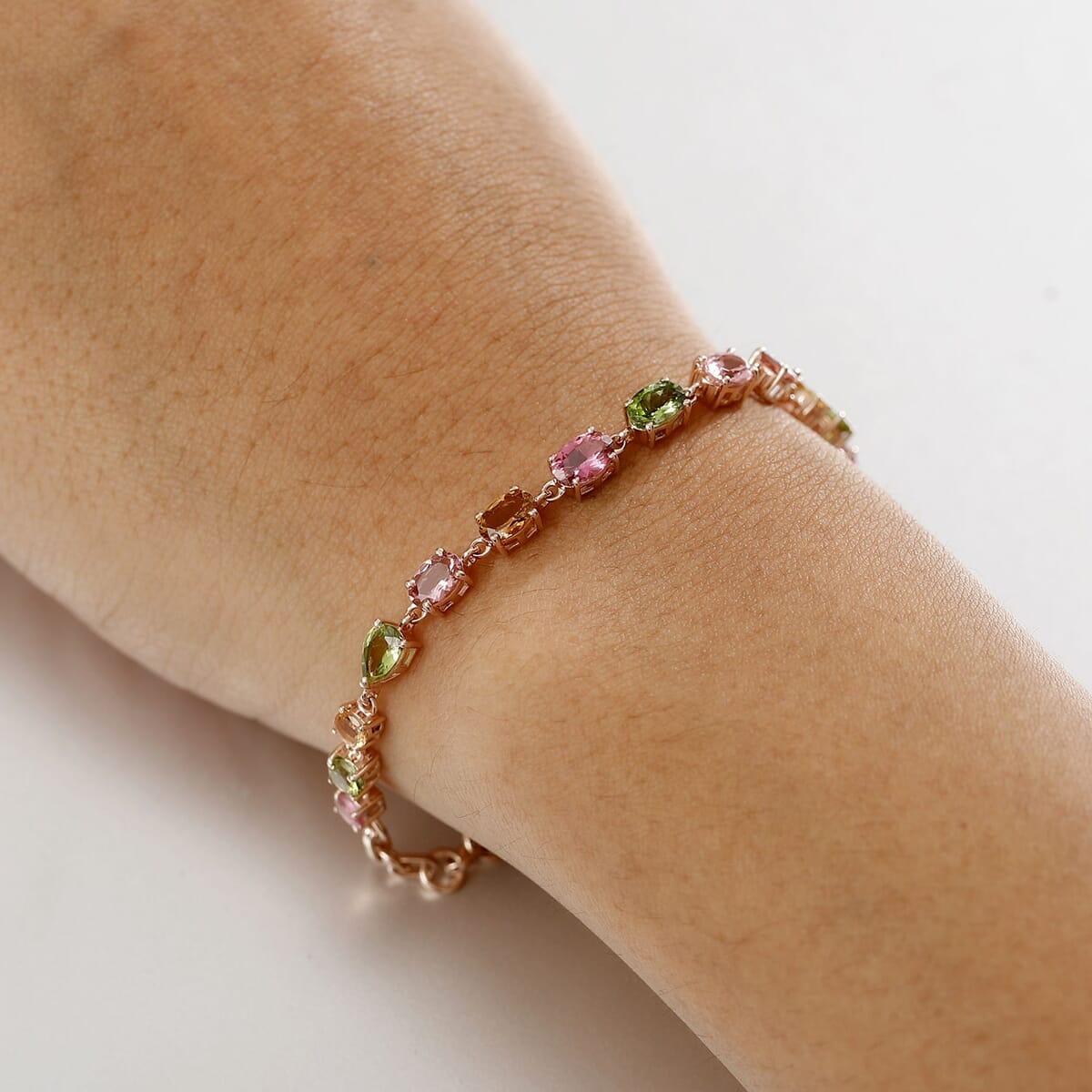 D'Joy AAA Multi Color Calabar Tourmaline 4.60 ctw Link Bracelet in 18K Vermeil Rose Gold Over Sterling Silver (6.50-8.0In) image number 2