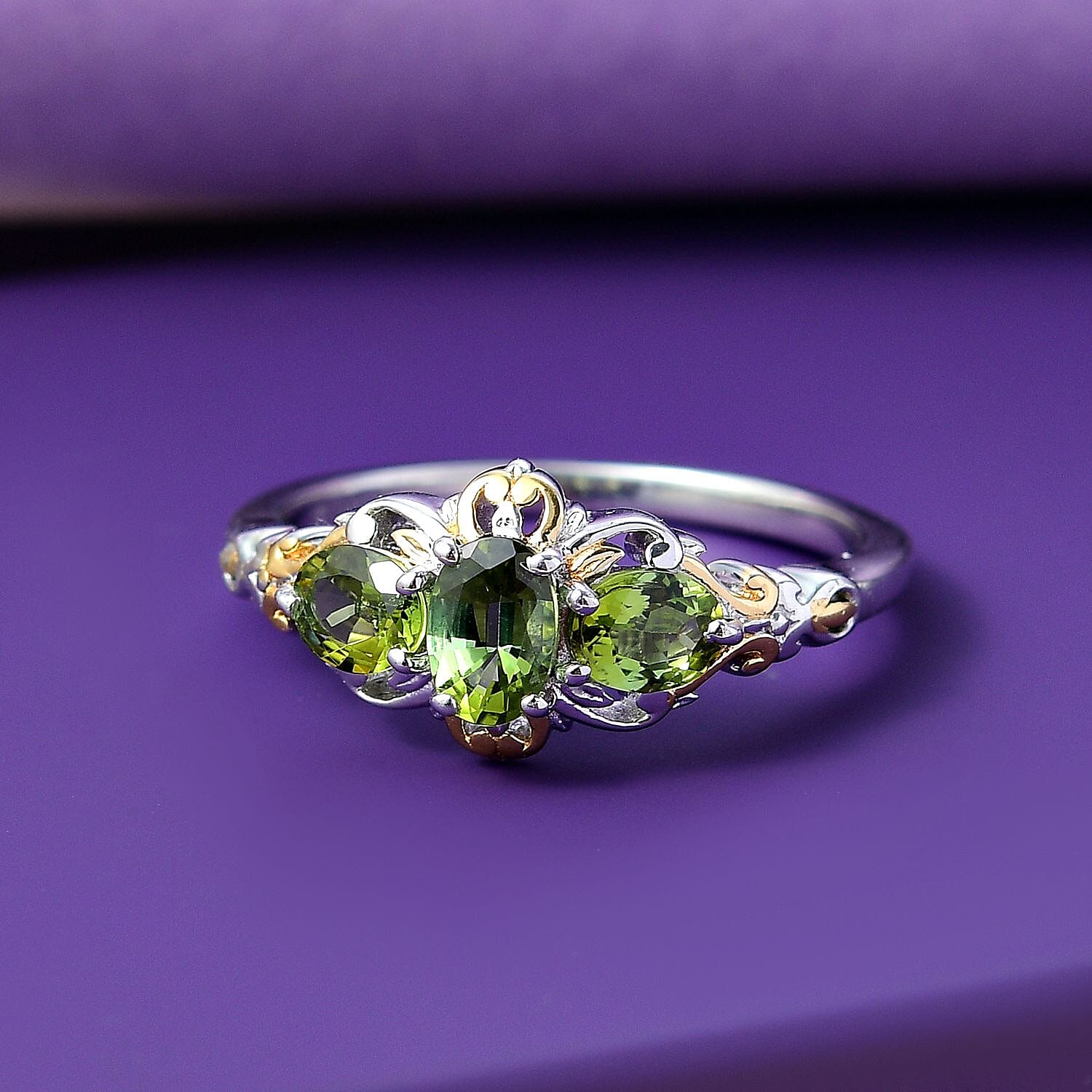 D'Joy Premium Natural Calabar Green Tourmaline 1.20 ctw Ring in 18K Vermeil YG and Rhodium Over Sterling Silver (Size 7.0)