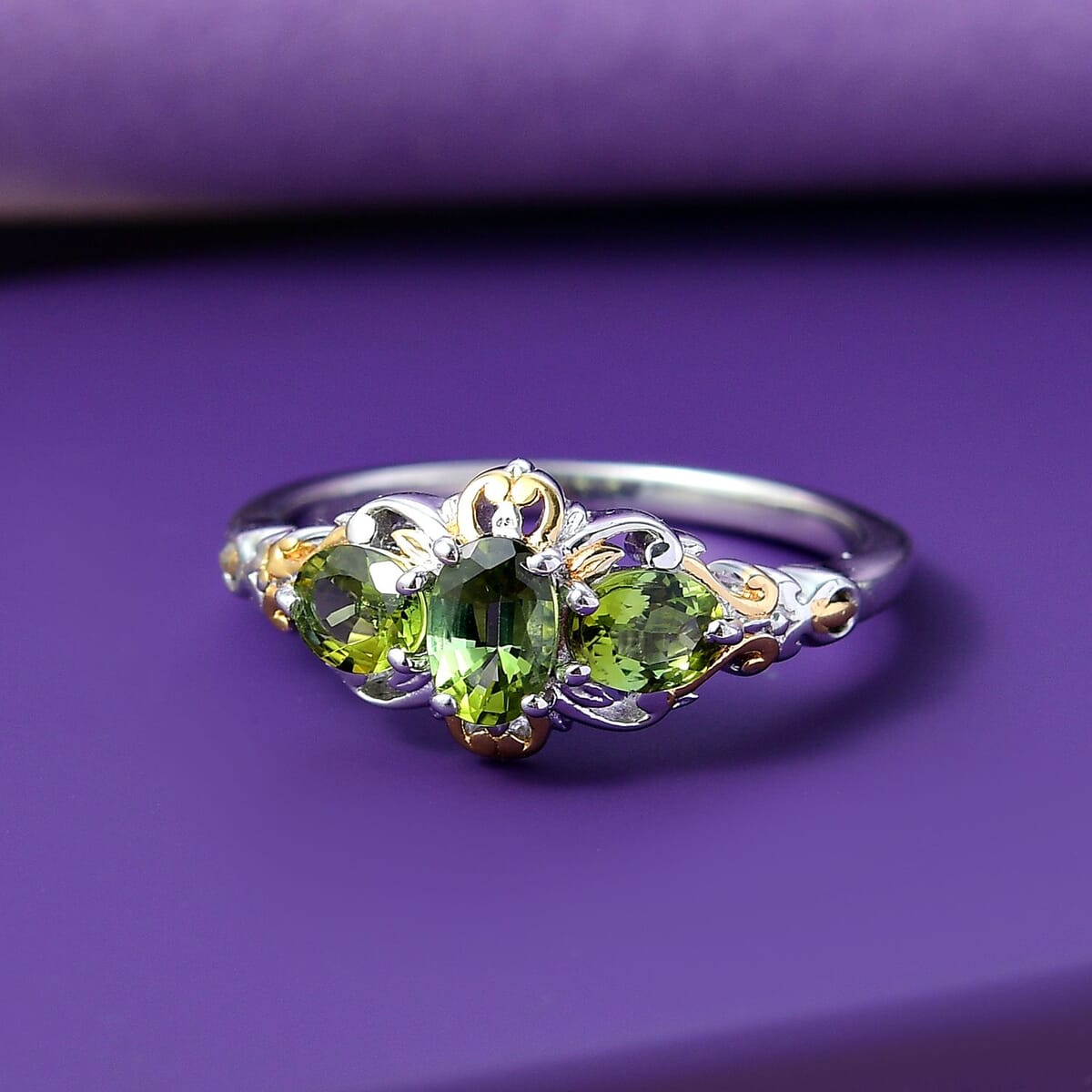 D'Joy Premium Natural Calabar Green Tourmaline 1.20 ctw Ring in 18K Vermeil YG and Rhodium Over Sterling Silver (Size 7.0) image number 1
