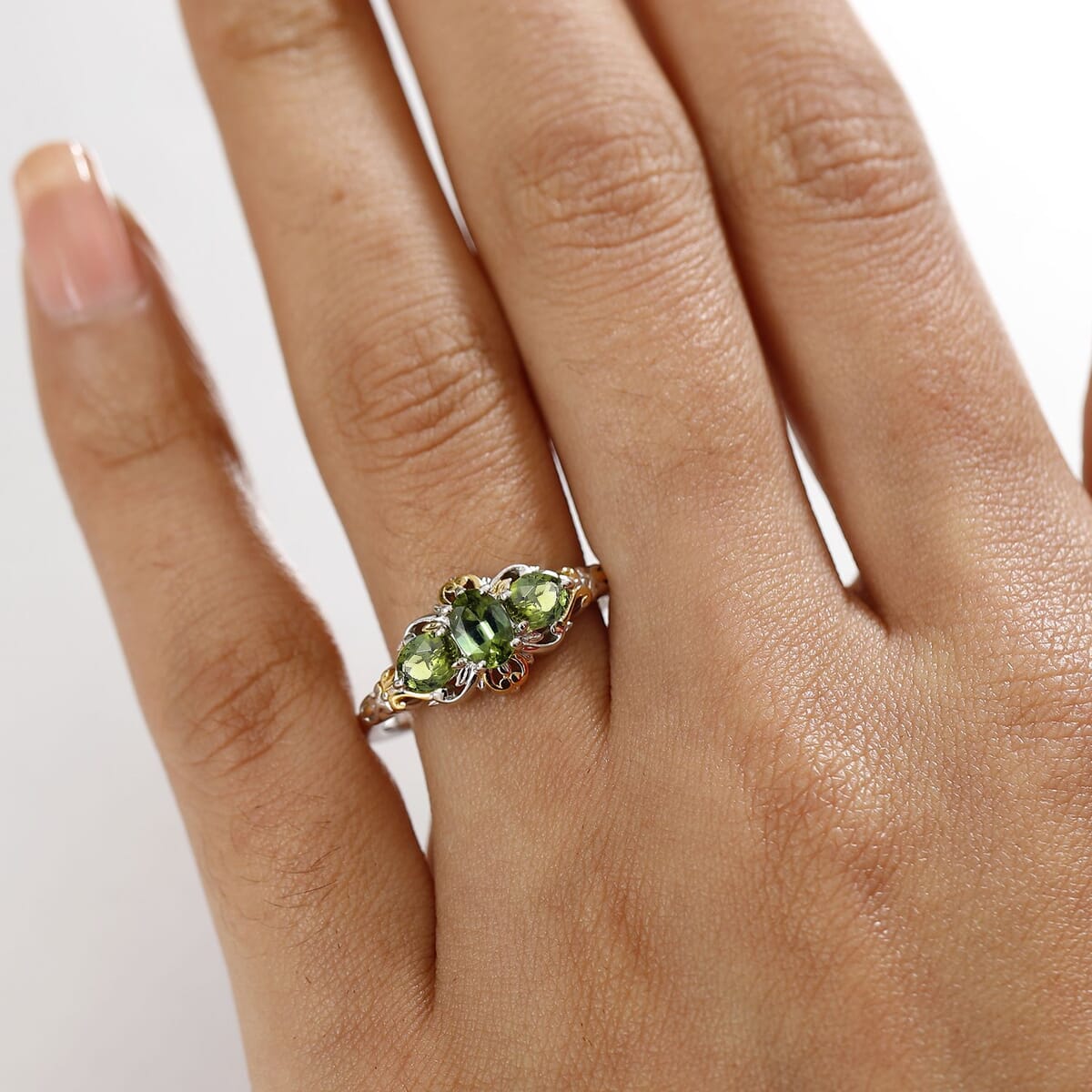 D'Joy Premium Natural Calabar Green Tourmaline 1.20 ctw Ring in 18K Vermeil YG and Rhodium Over Sterling Silver (Size 7.0) image number 2