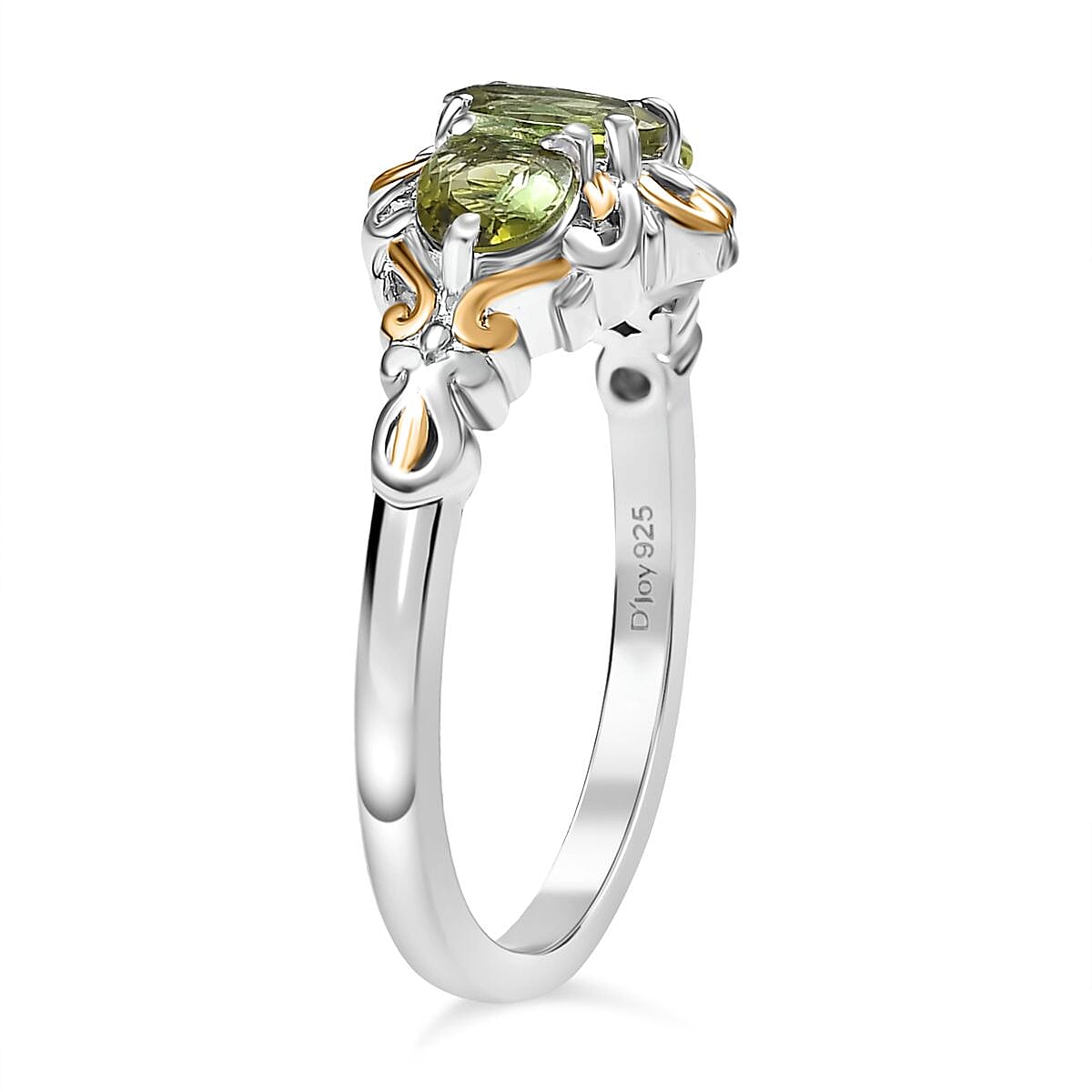 D'Joy Premium Natural Calabar Green Tourmaline 1.20 ctw Ring in 18K Vermeil YG and Rhodium Over Sterling Silver (Size 7.0)
