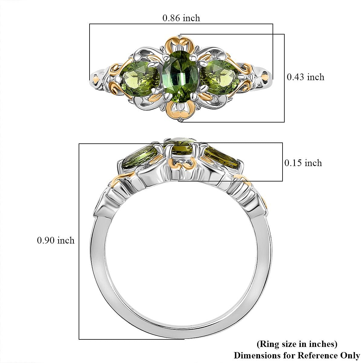 D'Joy Premium Natural Calabar Green Tourmaline 1.20 ctw Ring in 18K Vermeil YG and Rhodium Over Sterling Silver (Size 7.0)