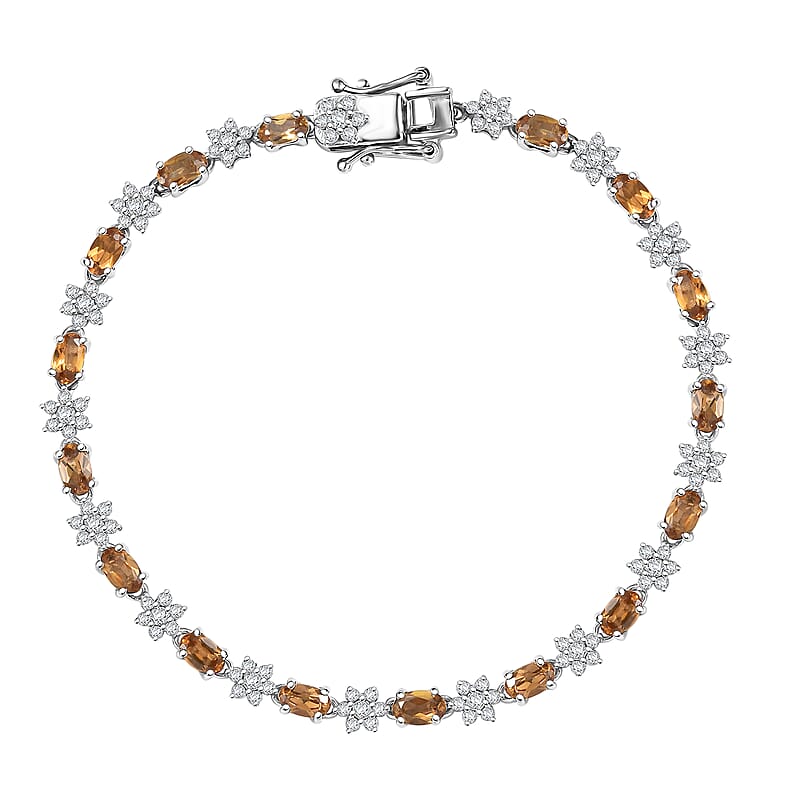 D'Joy Premium Golden Turkizite and Moissanite 5.50 ctw Floral Bracelet in Rhodium Over Sterling Silver (7.25 In)