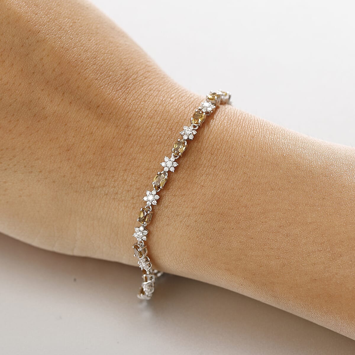 D'Joy Premium Golden Turkizite and Moissanite 6.00 ctw Floral Bracelet in Rhodium Over Sterling Silver (8.00 In) image number 2