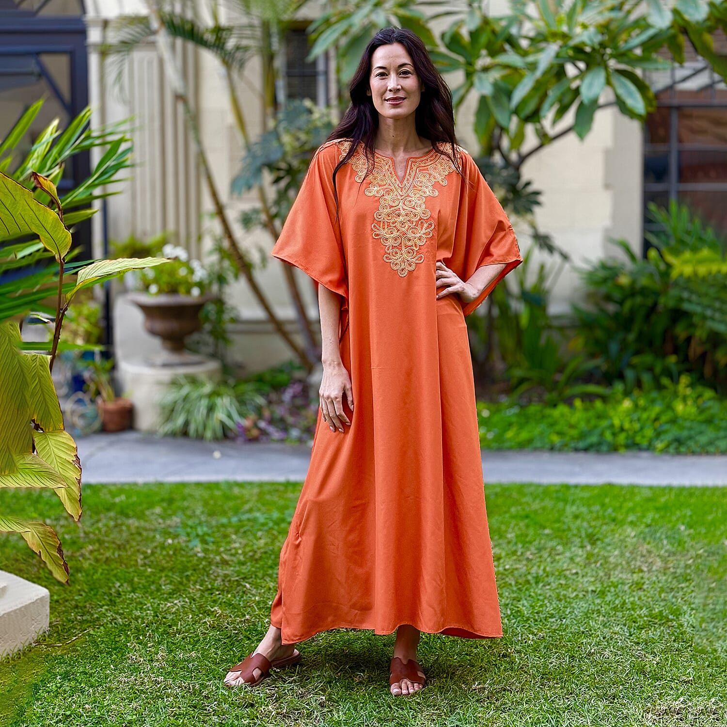 Winlar Orange Micro Plisse Long Kaftan - One Size Fits Most