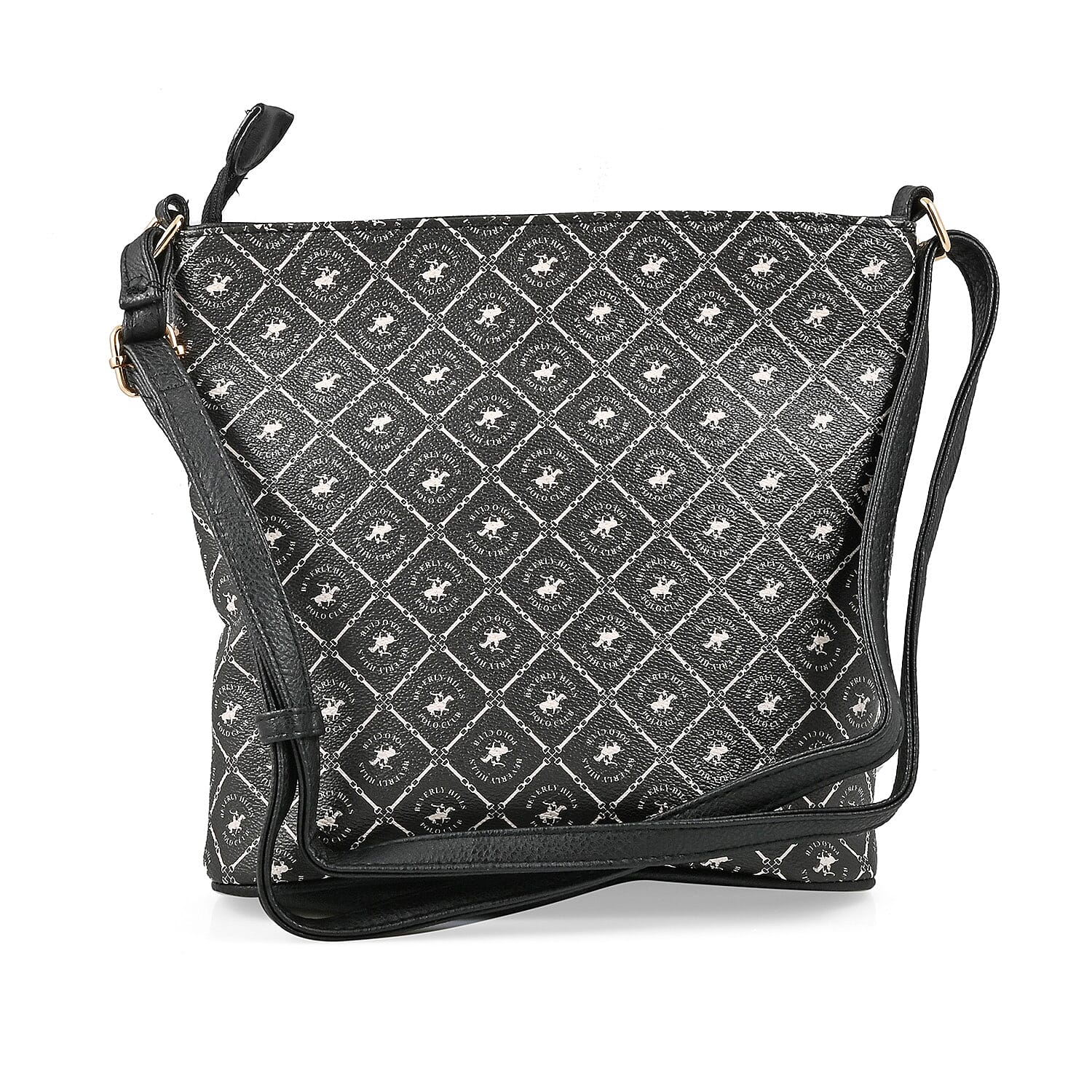Beverly Hills Polo Club Black & White Logo Pattern Faux Leather Crossbody Bag