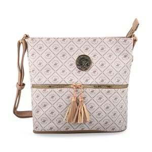 Beverly Hills Polo Club White & Taupe Logo Pattern Faux Leather Crossbody Bag