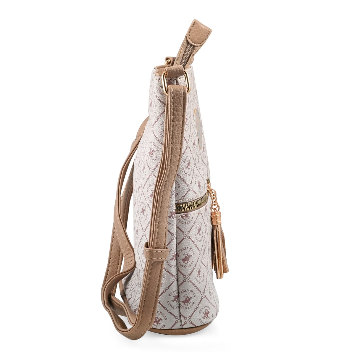 Beverly Hills Polo Club White & Taupe Logo Pattern Faux Leather Crossbody Bag image number 1