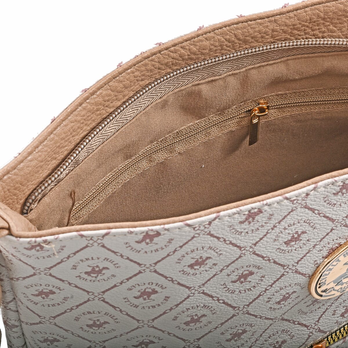 Beverly Hills Polo Club White & Taupe Logo Pattern Faux Leather Crossbody Bag image number 4