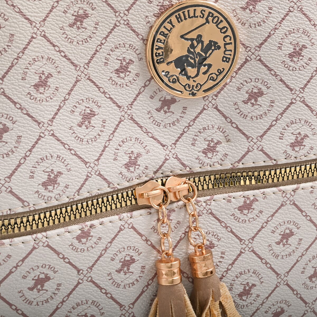 Beverly Hills Polo Club White & Taupe Logo Pattern Faux Leather Crossbody Bag image number 5