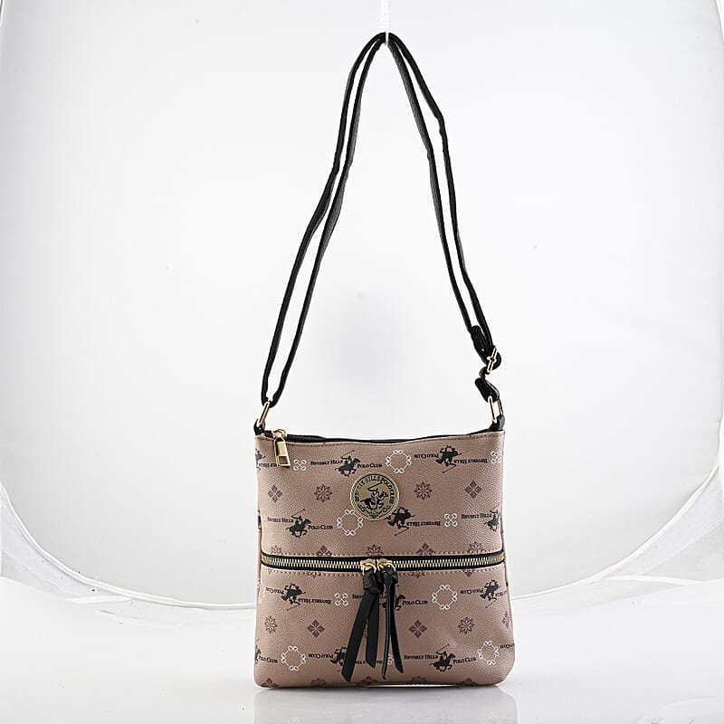 Beverly Hills Polo Club Beige & Black Multi Pattern Faux Leather Crossbody Bag