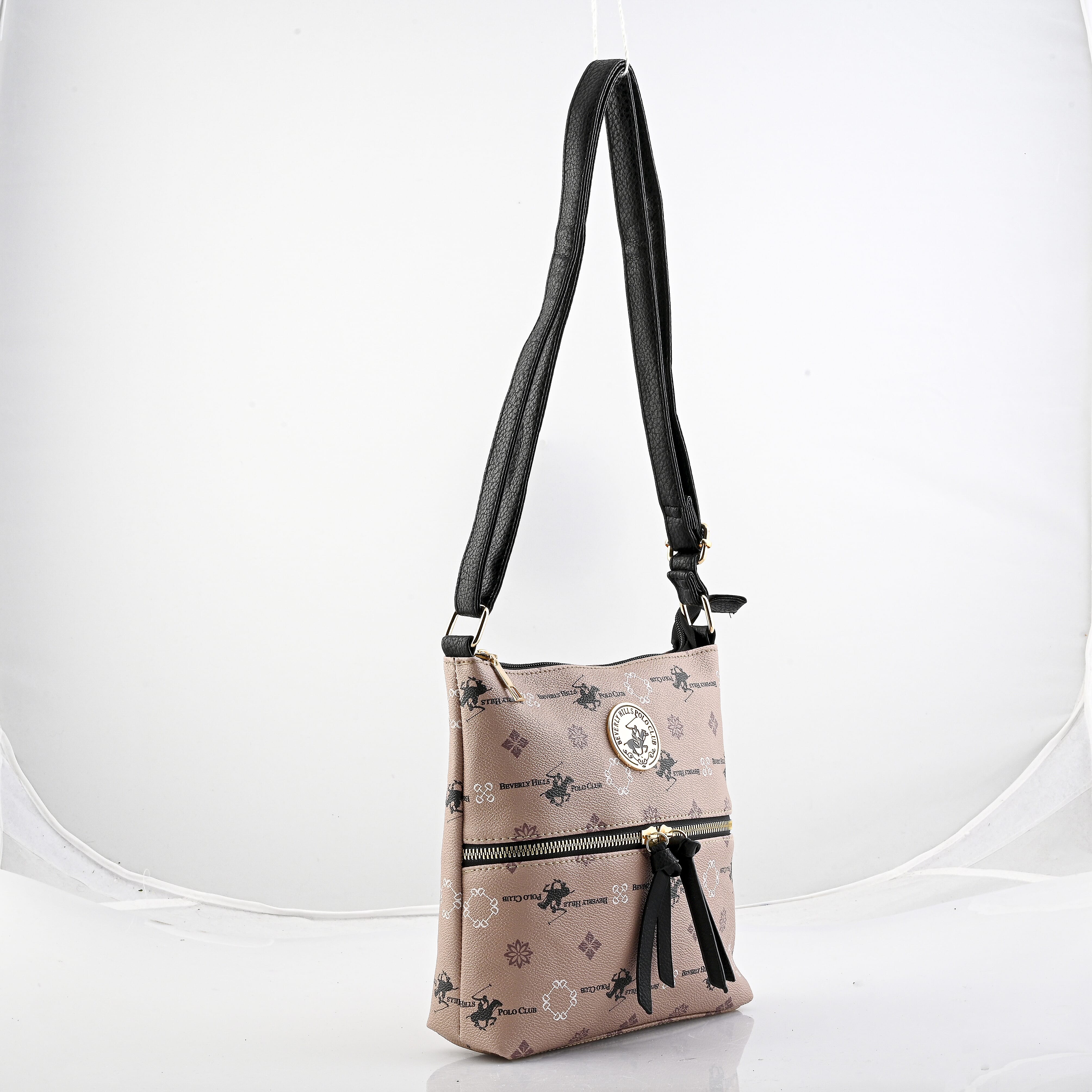 Beverly Hills Polo Club Beige & Black Multi Pattern Faux Leather Crossbody Bag