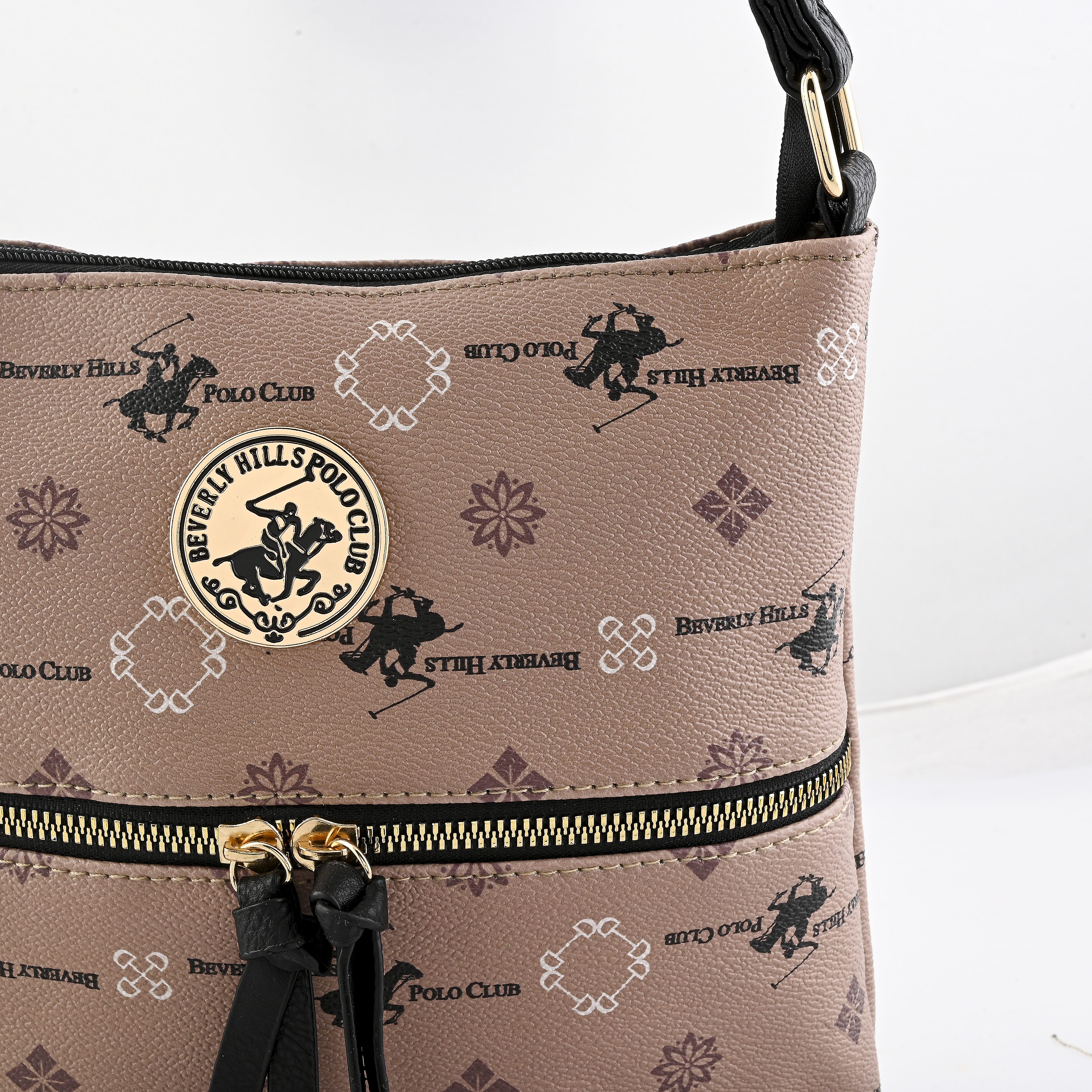 Beverly Hills Polo Club Beige & Black Multi Pattern Faux Leather Crossbody Bag