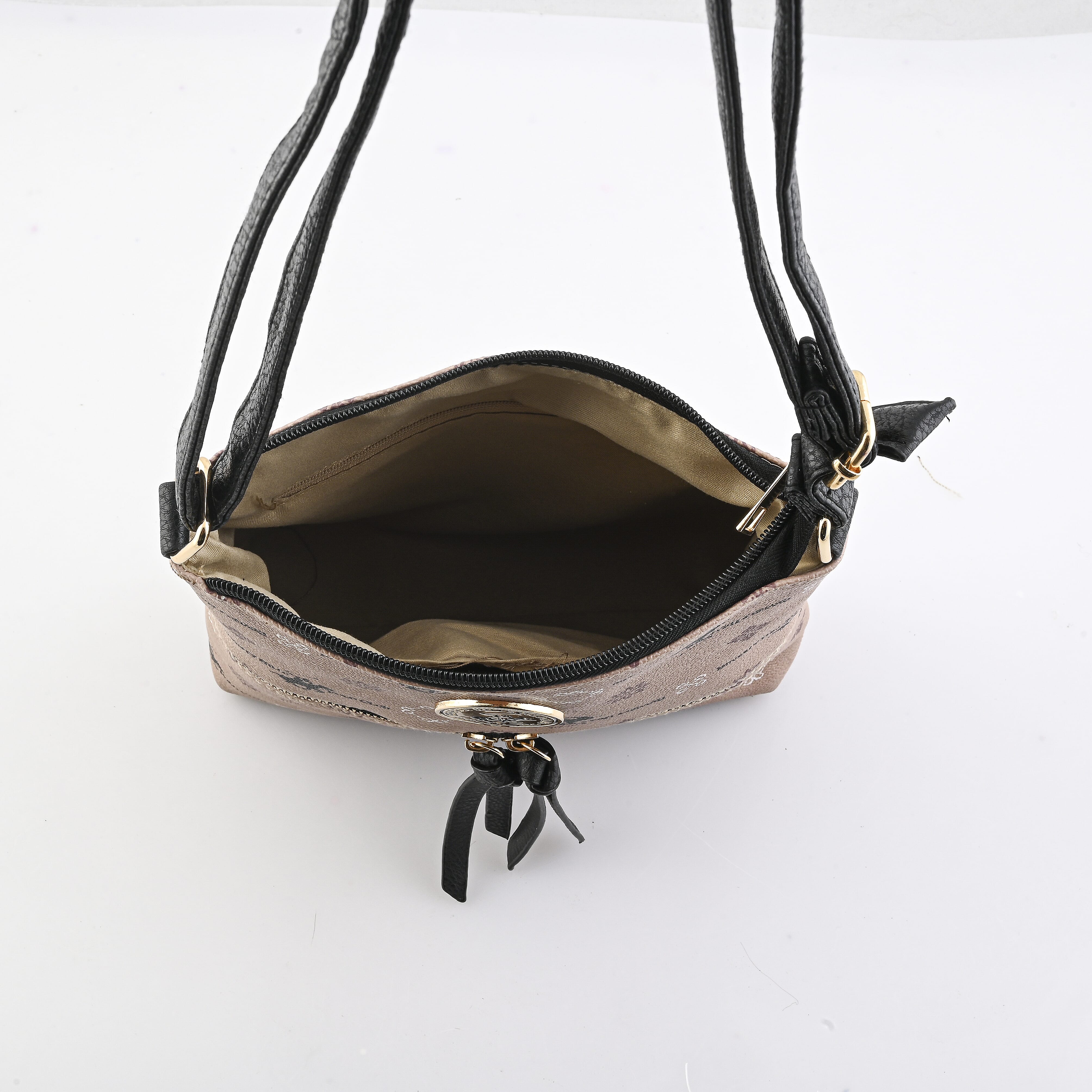 Beverly Hills Polo Club Beige & Black Multi Pattern Faux Leather Crossbody Bag