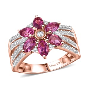 Luxuriant Premium Bixbite (LG) and White Zircon 1.85 ctw Blooming Flower Ring in 18K Vermeil Rose Gold Over Sterling Silver (Size 10.0)