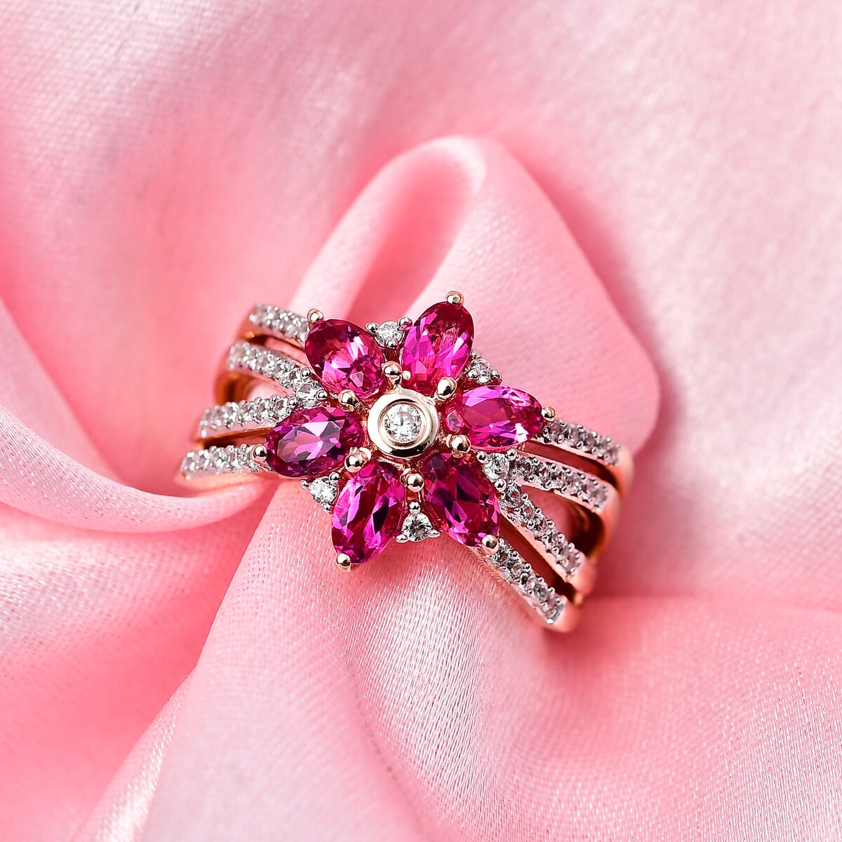 Luxuriant Premium Bixbite (LG) and White Zircon 1.85 ctw Blooming Flower Ring in 18K Vermeil Rose Gold Over Sterling Silver (Size 10.0) image number 1