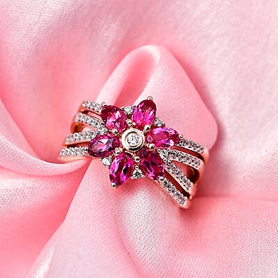 Luxuriant Premium Bixbite (LG) and White Zircon 1.85 ctw Blooming Flower Ring in 18K Vermeil Rose Gold Over Sterling Silver (Size 10.0)