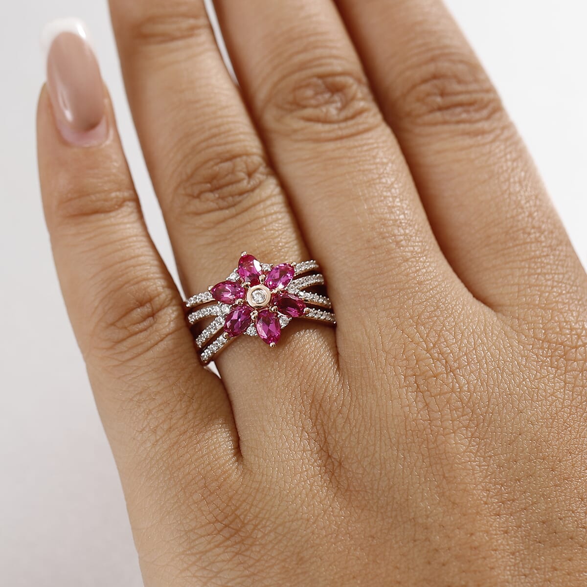 Luxuriant Premium Bixbite (LG) and White Zircon 1.85 ctw Blooming Flower Ring in 18K Vermeil Rose Gold Over Sterling Silver (Size 10.0) image number 2