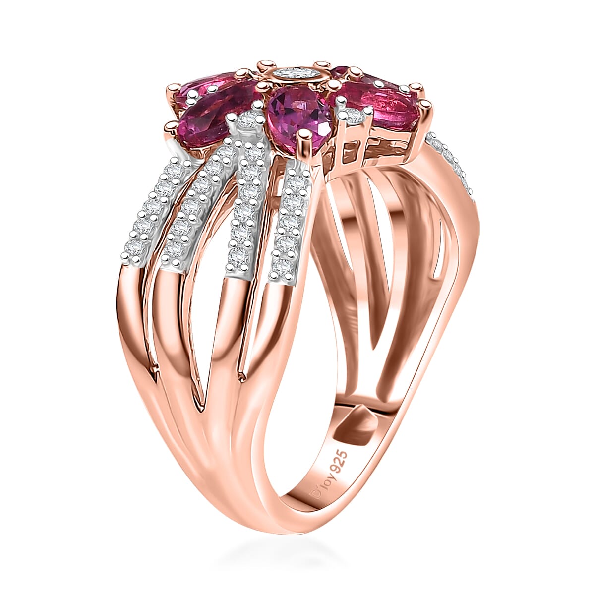 Luxuriant Premium Bixbite (LG) and White Zircon 1.85 ctw Blooming Flower Ring in 18K Vermeil Rose Gold Over Sterling Silver (Size 10.0) image number 3