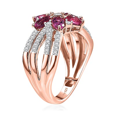 Luxuriant Premium Bixbite (LG) and White Zircon 1.85 ctw Blooming Flower Ring in 18K Vermeil Rose Gold Over Sterling Silver (Size 10.0)
