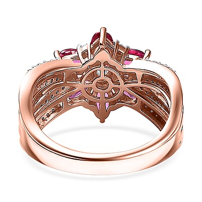 Luxuriant Premium Bixbite (LG) and White Zircon 1.85 ctw Blooming Flower Ring in 18K Vermeil Rose Gold Over Sterling Silver (Size 10.0)