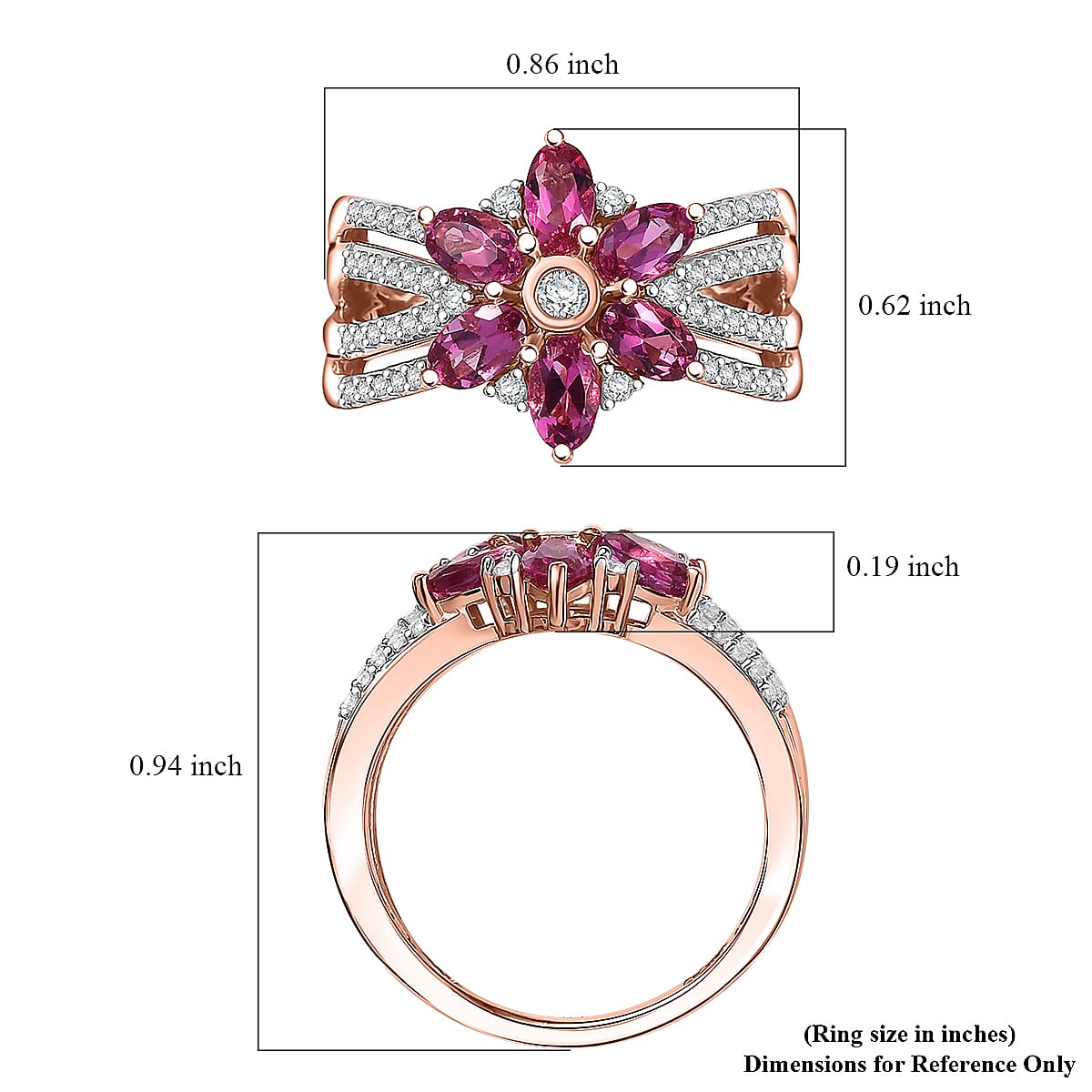 Luxuriant Premium Bixbite (LG) and White Zircon 1.85 ctw Blooming Flower Ring in 18K Vermeil Rose Gold Over Sterling Silver (Size 10.0)