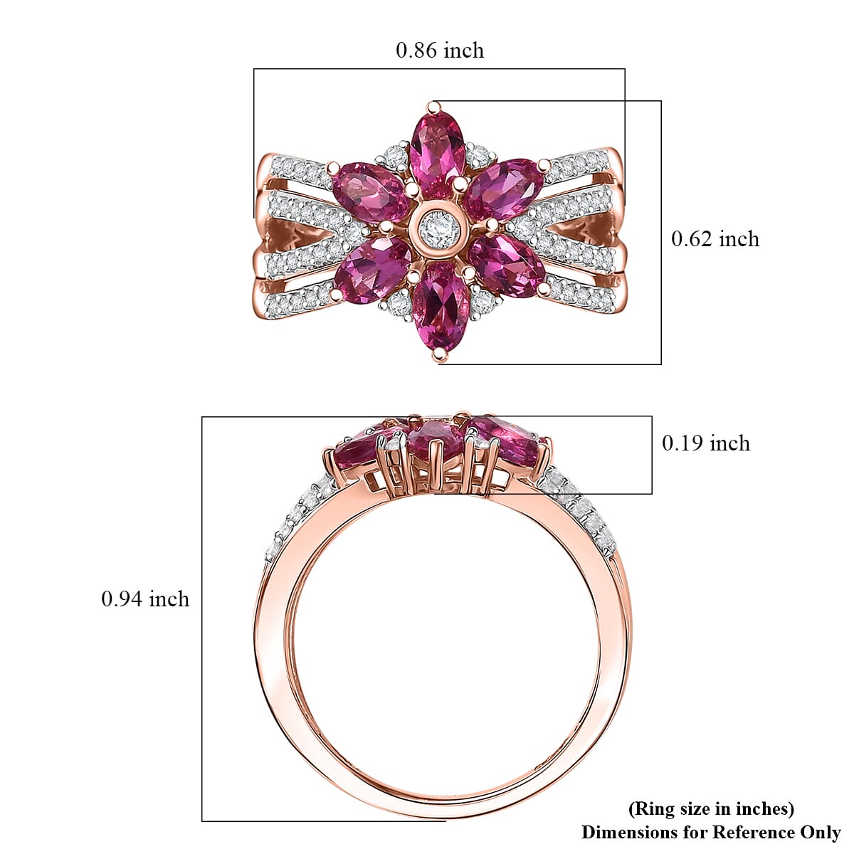 Luxuriant Premium Bixbite (LG) and White Zircon 1.85 ctw Blooming Flower Ring in 18K Vermeil Rose Gold Over Sterling Silver (Size 10.0) image number 5