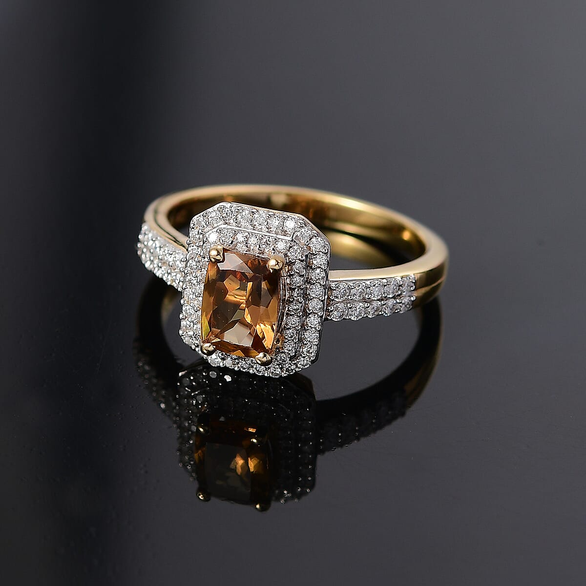 Premium Golden Turkizite, Moissanite Double Halo Ring in 18K Vermeil YG Over Sterling Silver (Size 7.0) 1.65 ctw image number 1