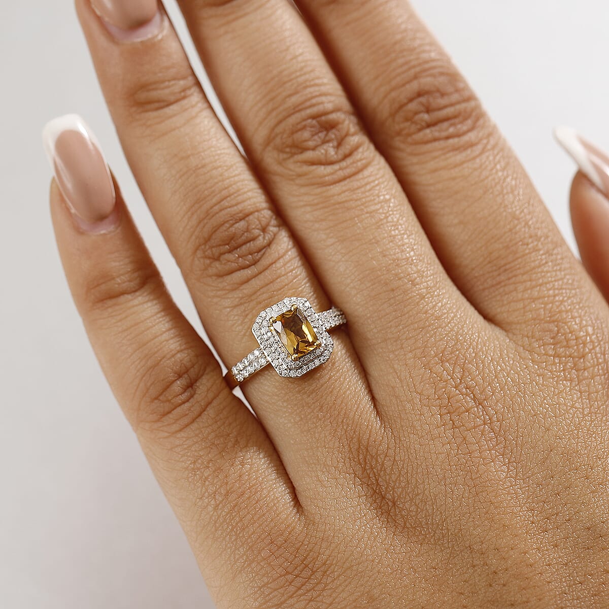 Premium Golden Turkizite, Moissanite Double Halo Ring in 18K Vermeil YG Over Sterling Silver (Size 7.0) 1.65 ctw image number 2