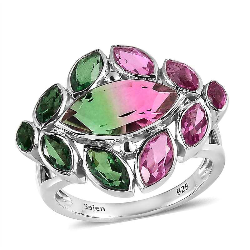 Sajen Silver Celestial Bi-Color Watermelon Tourmaline Doublet Quartz 7.40 ctw Ring in Rhodium Over Sterling Silver (Size 10.0)
